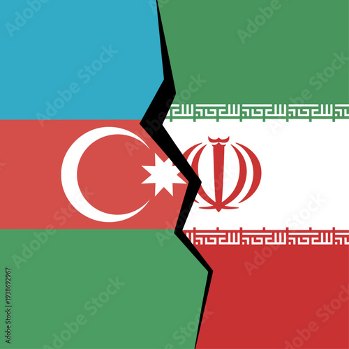 Azerbaijan and Iran flags cracked illustration symbolizing geopolitical tension rivalry