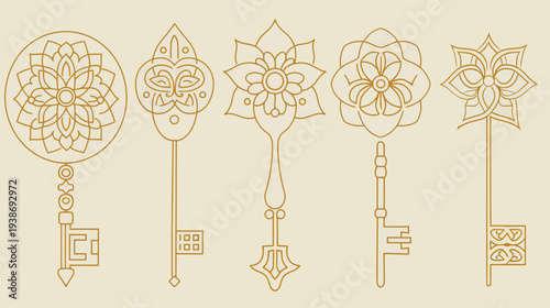 Five decorative key illustrations, each with a unique head design and handle, in a warm gold color
