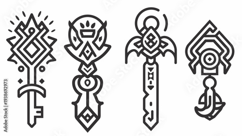 Four stylized key designs in black outlines, arranged side by side