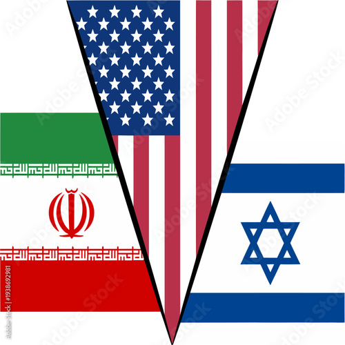 United States, Iran, and Israel flags triangular illustration geopolitical rivalry
