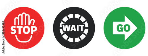 Go, wait, stop vector icon collection featuring green, yellow, and red traffic signs, road safety indicator, and traffic management symbol design