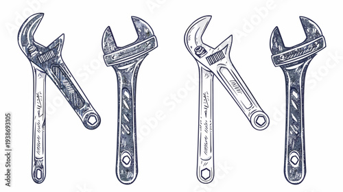 Hand-drawn illustration of adjustable wrenches. Each tool has a different angle and look, detailed strokes