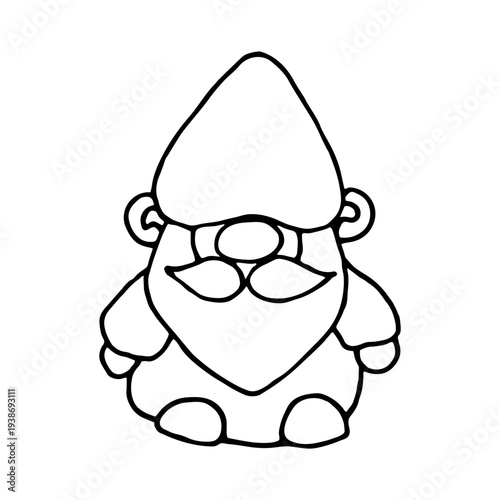 Cute black and white doodle element fairytale garden gnome. Hand-drawn vector line art  on white background isolated.