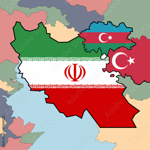 Iran and Azerbaijan map illustration showing geopolitical tension in Caucasus region