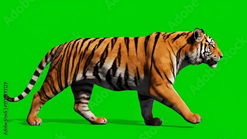 Bengal tiger walking isolated on green background wildlife concept