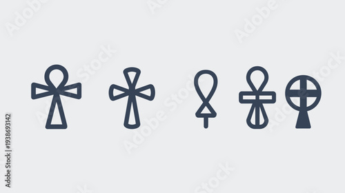 A collection of various stylized dark blue religious symbols on a light gray background