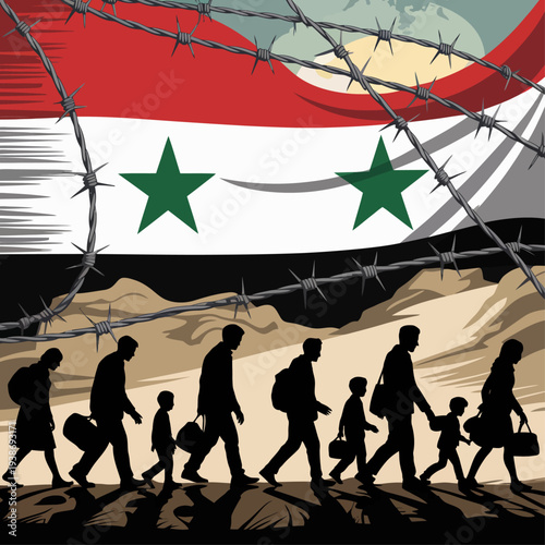 Syrian refugee migration illustration with barbed wire and war backdrop