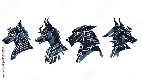 Stylized illustrations of four canid-like figures, each in profile, with ornate headwear and markings