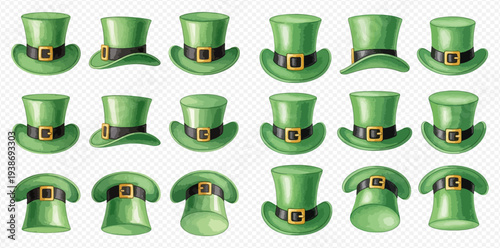 Set of green leprechaun hats with golden buckles, St. Patrick's Day celebration elements.