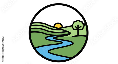 Sunset AiZaSyBVm757CnfUJlckycs7mUCSrrBJqwS1oAs over rolling hills with a serene river and tree landscape