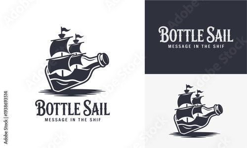 A bottle sail illustration with a ship inside, conveying a message, presented from a straightforward viewpoint and shown on a clean background.