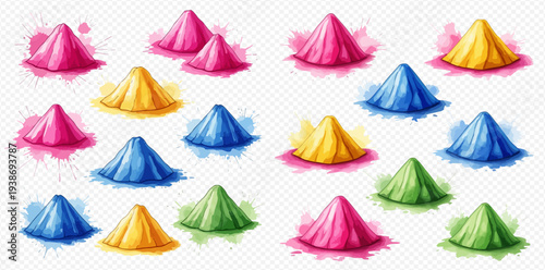 Colorful watercolor powder piles for Holi festival celebration.