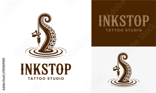 Tattoo studio branding featuring seahorse logo with dagger in water on white and brown backgrounds from different viewpoints