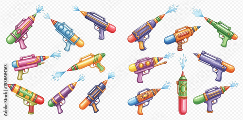 Set of colorful water guns for summer fun and play.