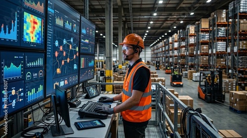 Close side profile warehouse supervisor monitoring multiple analytics dashboards on large screens while standing on mezzanine under cool industrial lighting