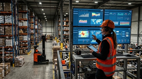 Industrial warehouse operations manager in orange vest and hard hat using tablet with screens overseeing forklift traffic under fluorescent lighting