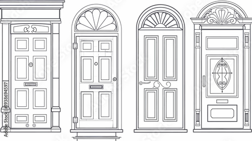 A black and white vector graphic illustrating four different ornate front doors