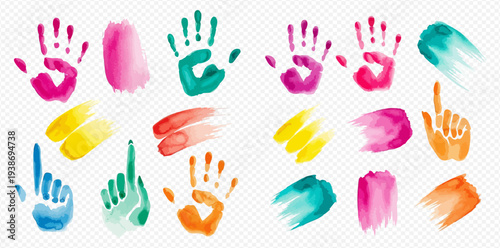 Colorful watercolor handprints and brush strokes collection, vibrant artistic elements for creative design projects.