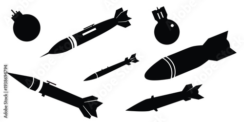 Missile Rocket and Bomb Silhouette Set Military Weapon Icons Black Isolated Vector Illustration