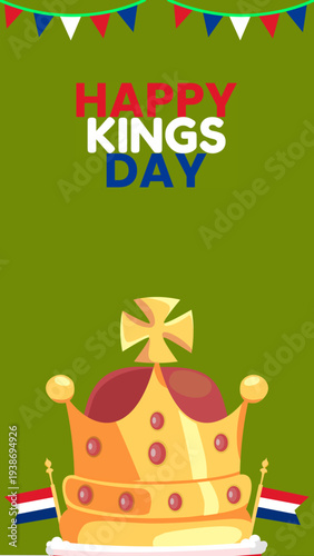 Happy Kings Day Celebration Poster With Crown, Dutch Flags and Festive Bunting for Koningsdag