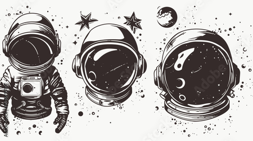 Three astronaut illustrations, one full suit and two helmet close-ups, with stars and a planet