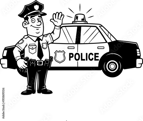 Police Officer Cartoon Character with Police Car Black and White Illustration for Law Enforcement, Safety and Kids Education Design