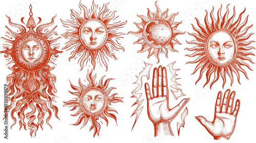 Collection of stylized sun faces and detailed hands, in a sepia-toned vintage etched style, on white