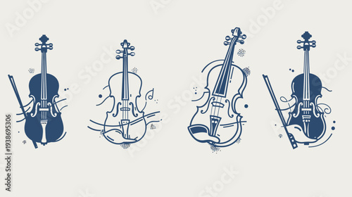 Four stylized violins in shades of blue with various designs on a beige background