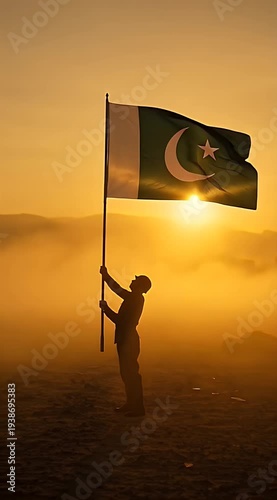 Silhouette of person holding Pakistan flag at sunset