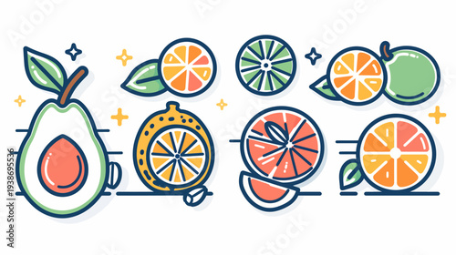 Colorful vector illustration of various fruit slices and whole fruits in a playful, cartoon style