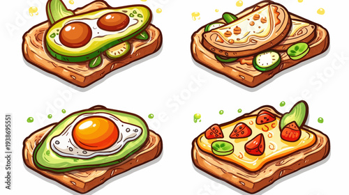 Four illustrations of toast slices with various toppings avocado, eggs, cheese, and strawberries