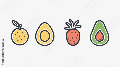 Colorful illustrated food icons including orange, egg, strawberry, and avocado. Simple design, outlined