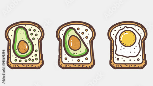 A cartoon illustration features three slices of toast, two topped with avocado, one with a fried egg