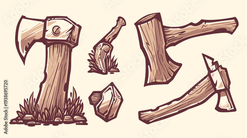 Hand-drawn illustrations of axes, including variations with handles and blades, styled with grass