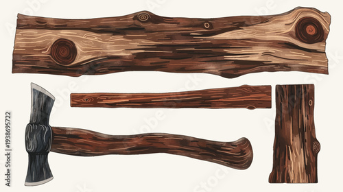 A watercolor illustration of a wooden axe and wood pieces with various textures and shapes