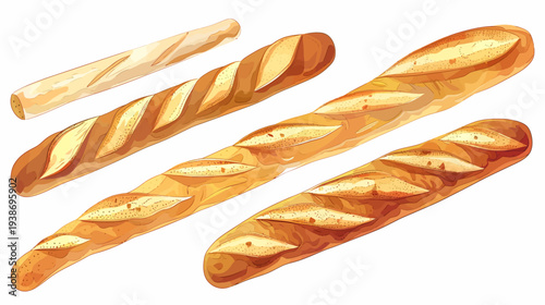 Artistic depiction of four baguettes, showcasing various stages of baking in detailed watercolor style