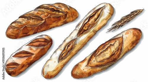 Hand-drawn style illustration of various bread loaves and a stalk of wheat on white