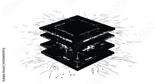Geometric abstract black square layers with dynamic motion lines and white highlights on clean background for modern design concept