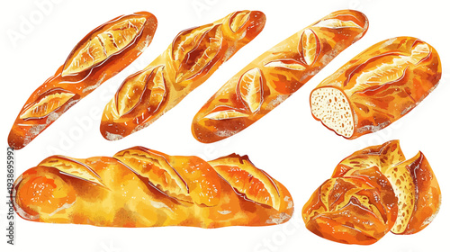 Illustration of bread loaves. Watercolor painting depicting various baked goods on a white background