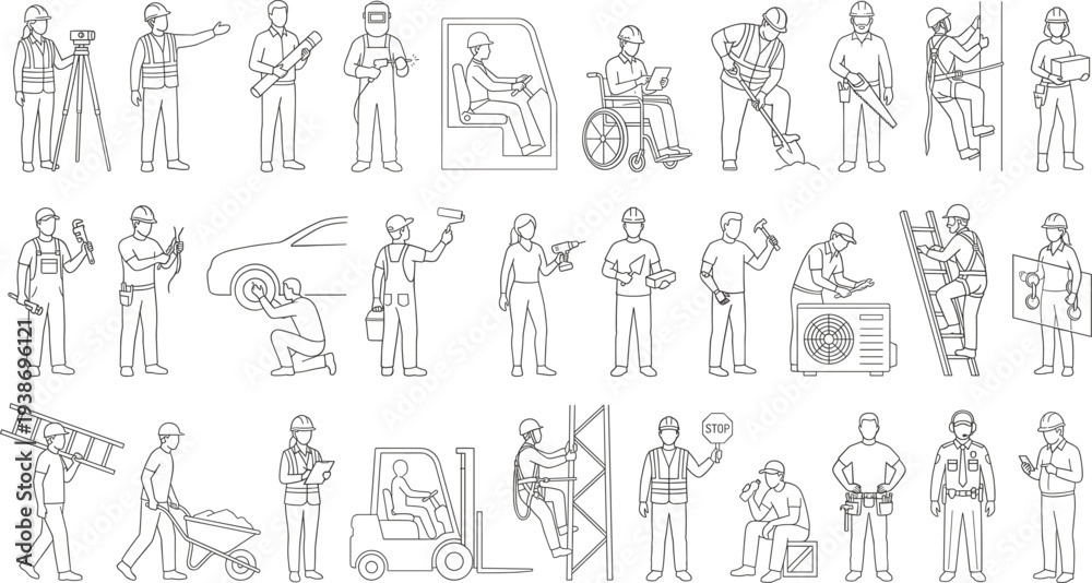 Fototapeta premium Construction Workers Tradespeople Performing Diverse Industrial Tasks and Services
