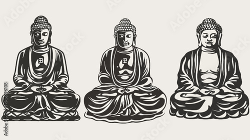 Three meditating Buddha statues. Simple black and white illustration with detailed linework. Serene posture
