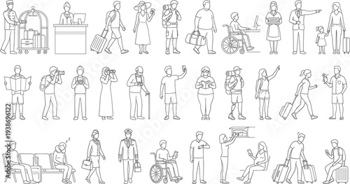 Travel Industry Diverse People and Hospitality Services Outline Vector Collection
