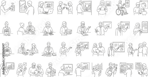 Finance Technology Business Activities Illustration Set with People Managing Money Digitally