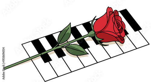 Single Rose on a Piano Key. A Vibrant Red Rose Rests Elegantly on a Classic Piano Keyboard, Capturing the Harmony of Music and Nature in a Moment of Tranquil Beauty