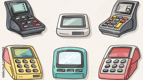 Six colorful illustrations of payment terminals, showcasing various designs and button layouts, and screens