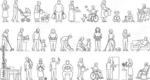People Engaging in Diverse Daily Household Chores Family Care and Leisure in Line Art