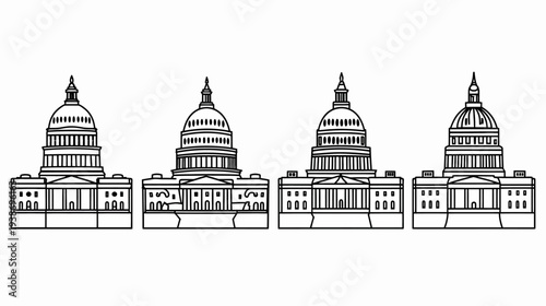 A black and white line drawing of four domed buildings. Detailed architectural illustrations