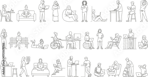 Remote Work Diverse People Performing Tasks with Digital Devices in Various Settings