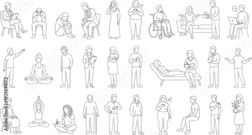 Mental Health and Well being Therapy Diverse People Line Art Illustrations Set