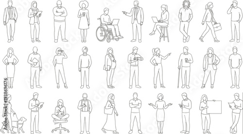 People Diverse Line Art Illustration Collection Showing Men and Women in Various Business Roles and Activities